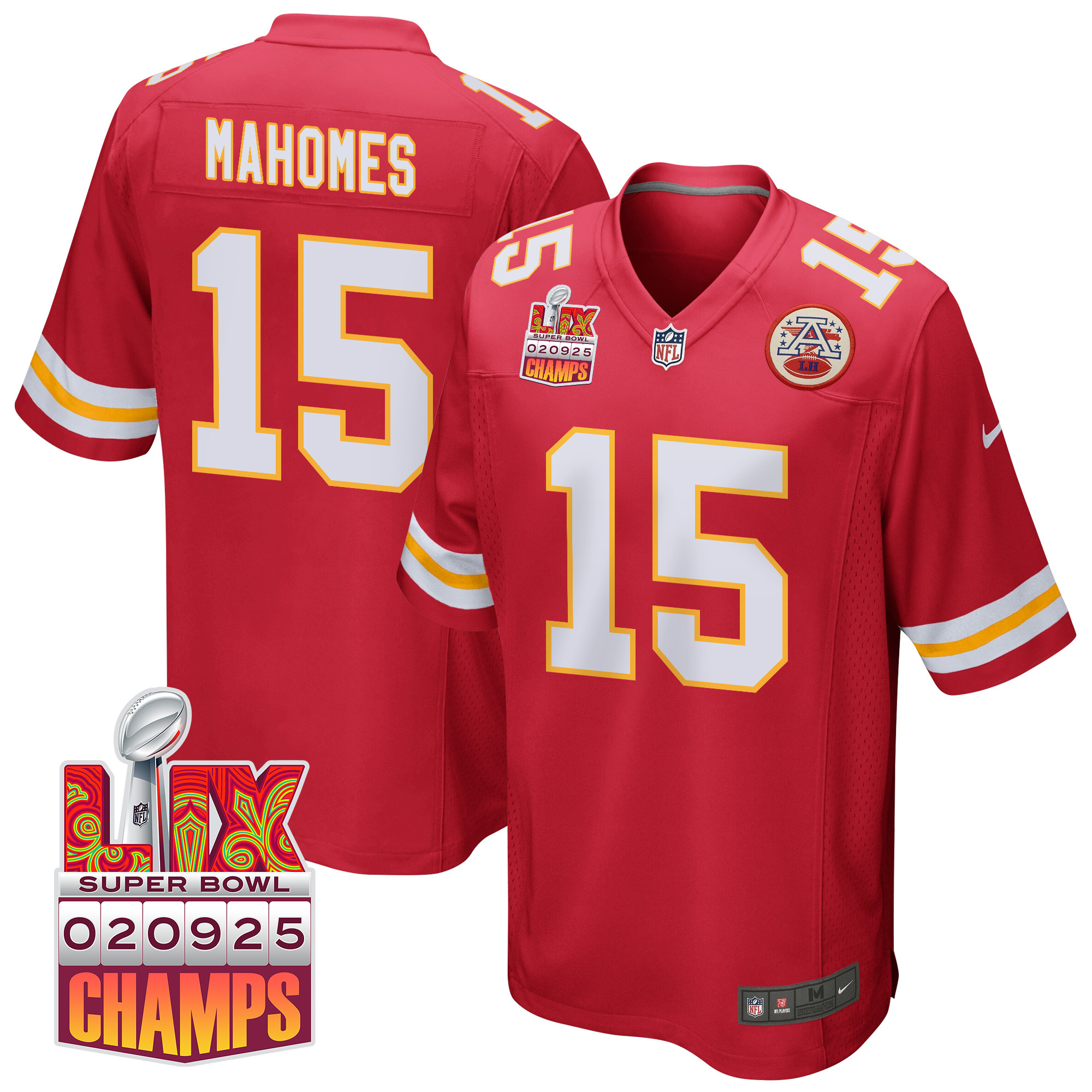 Patrick Mahomes 15 Kansas City Chiefs Super Bowl LIX Champions Patch Game Red NFL Jersey Men's