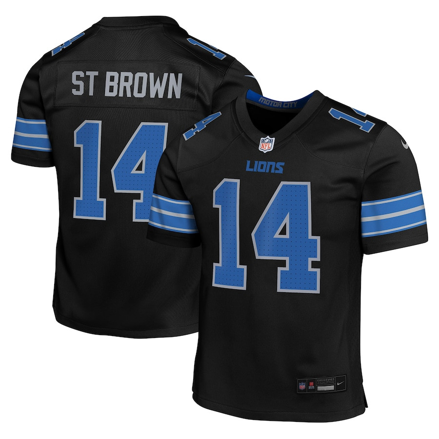 Amon-Ra St. Brown 14 Detroit Lions Alternate Player Game Black NFL Jersey Youth