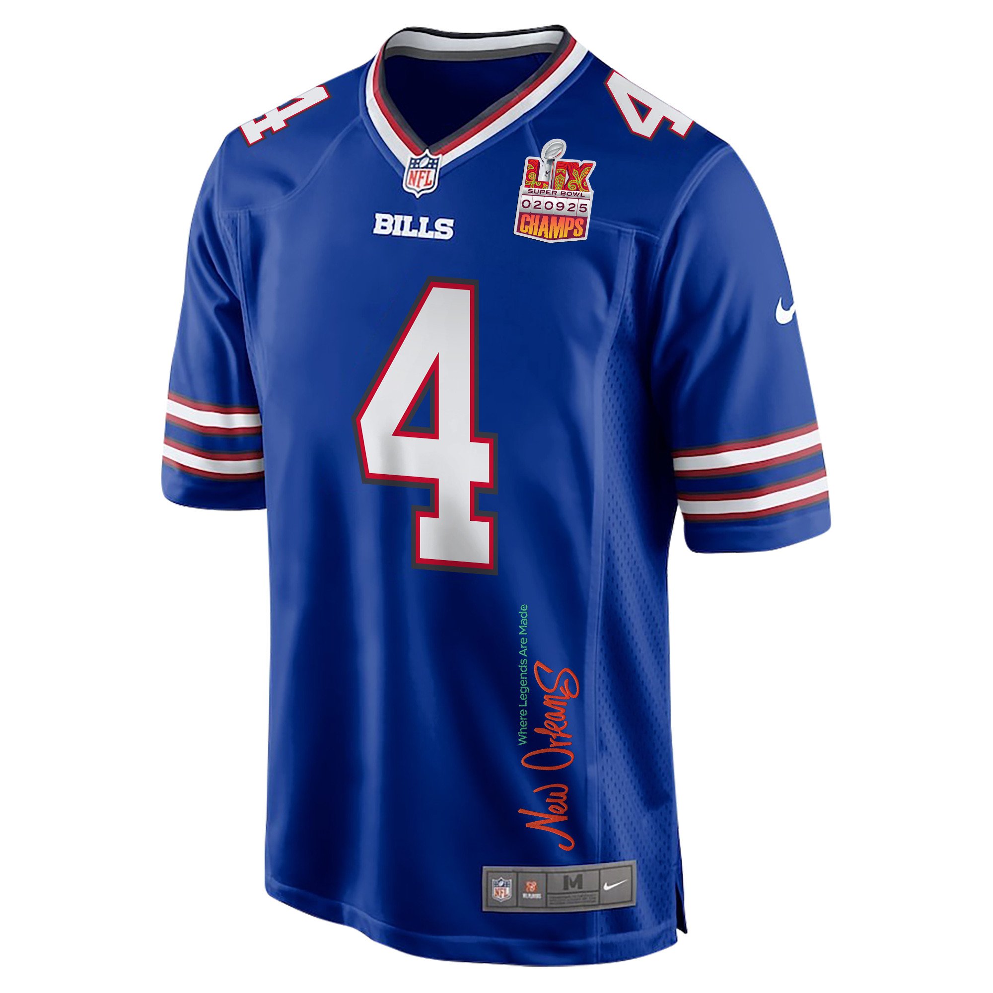 James Cook 4 Buffalo Bills Super Bowl LIX Champions Patch New Orleans Where Legends Are Made' EMBROIDERED Game Royal NFL Jersey Men's