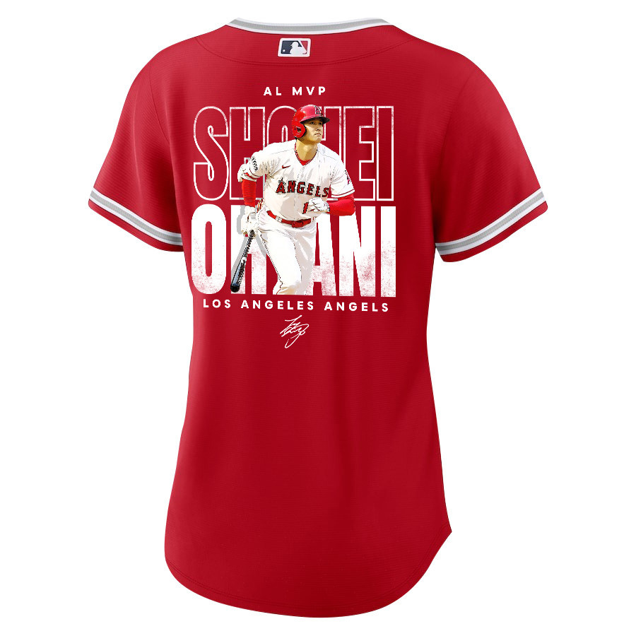Shohei Ohtani 17 Los Angeles Angels Signed Name 2023 Alternate Player Red MLB Jersey Women's