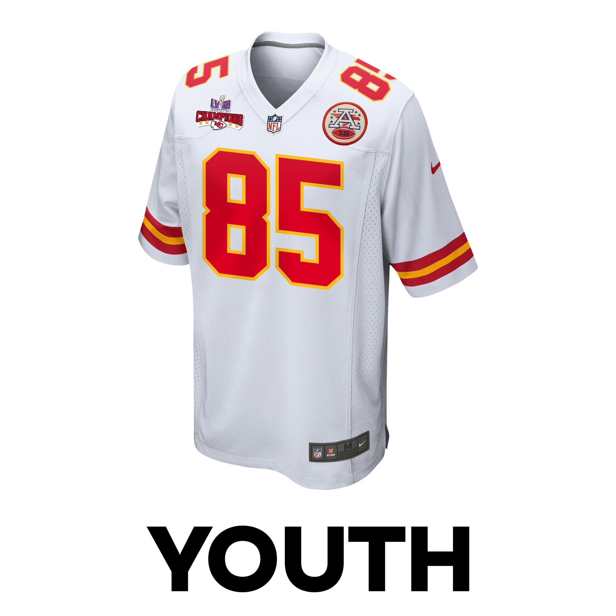 Izaiah Gathings 85 Kansas City Chiefs Super Bowl LVIII Champions 4 Stars Patch Game White NFL Jersey Youth