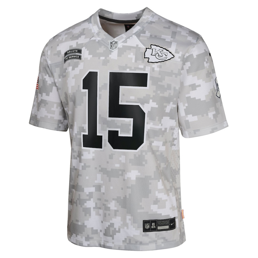 Patrick Mahomes 15 Kansas City Chiefs 2024 Salute to Service Game Arctic Camo NFL Jersey Youth