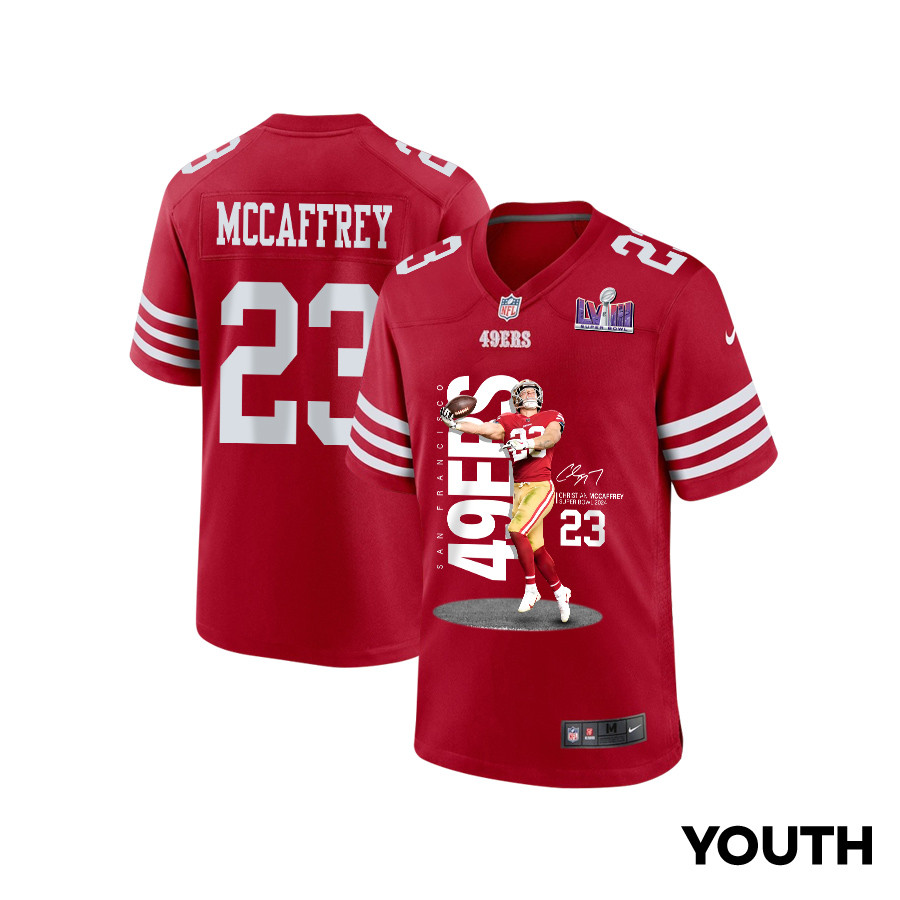 Christian McCaffrey 23 San Francisco 49ers Throwing Ball Game Scarlet NFL Jersey Youth