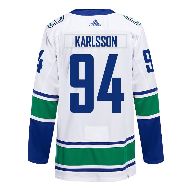 Linus Karlsson 94 Vancouver Canucks 2024 Playoffs Patch Away White NHL Jersey Men's
