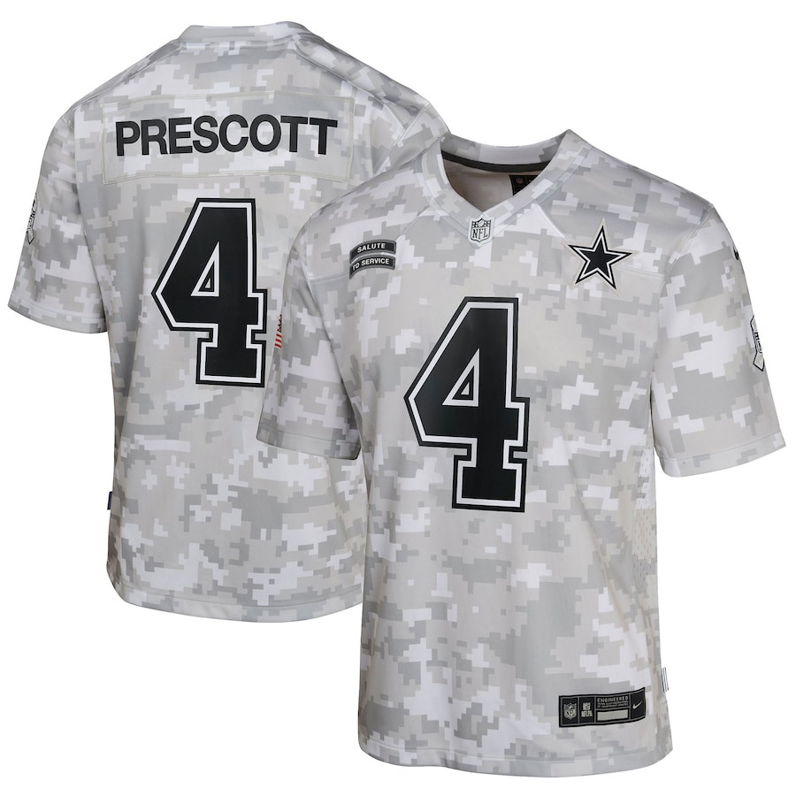 Dak Prescott 4 Dallas Cowboys 2024 Salute to Service Game Arctic Camo NFL Jersey Youth