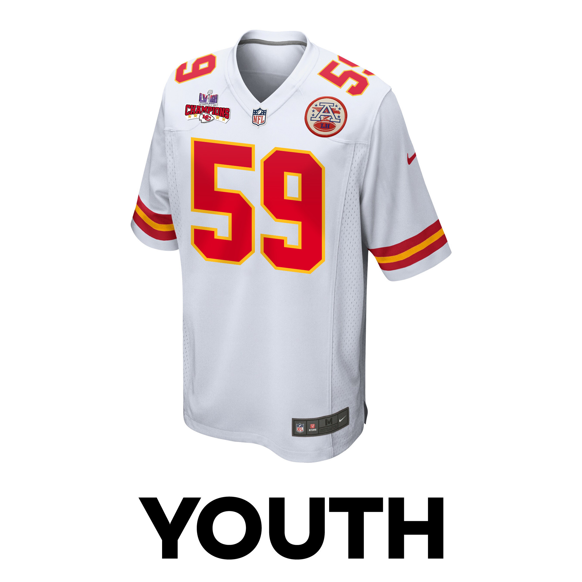 Darius Harris 59 Kansas City Chiefs Super Bowl LVIII Champions 4 Stars Patch Game White NFL Jersey Youth