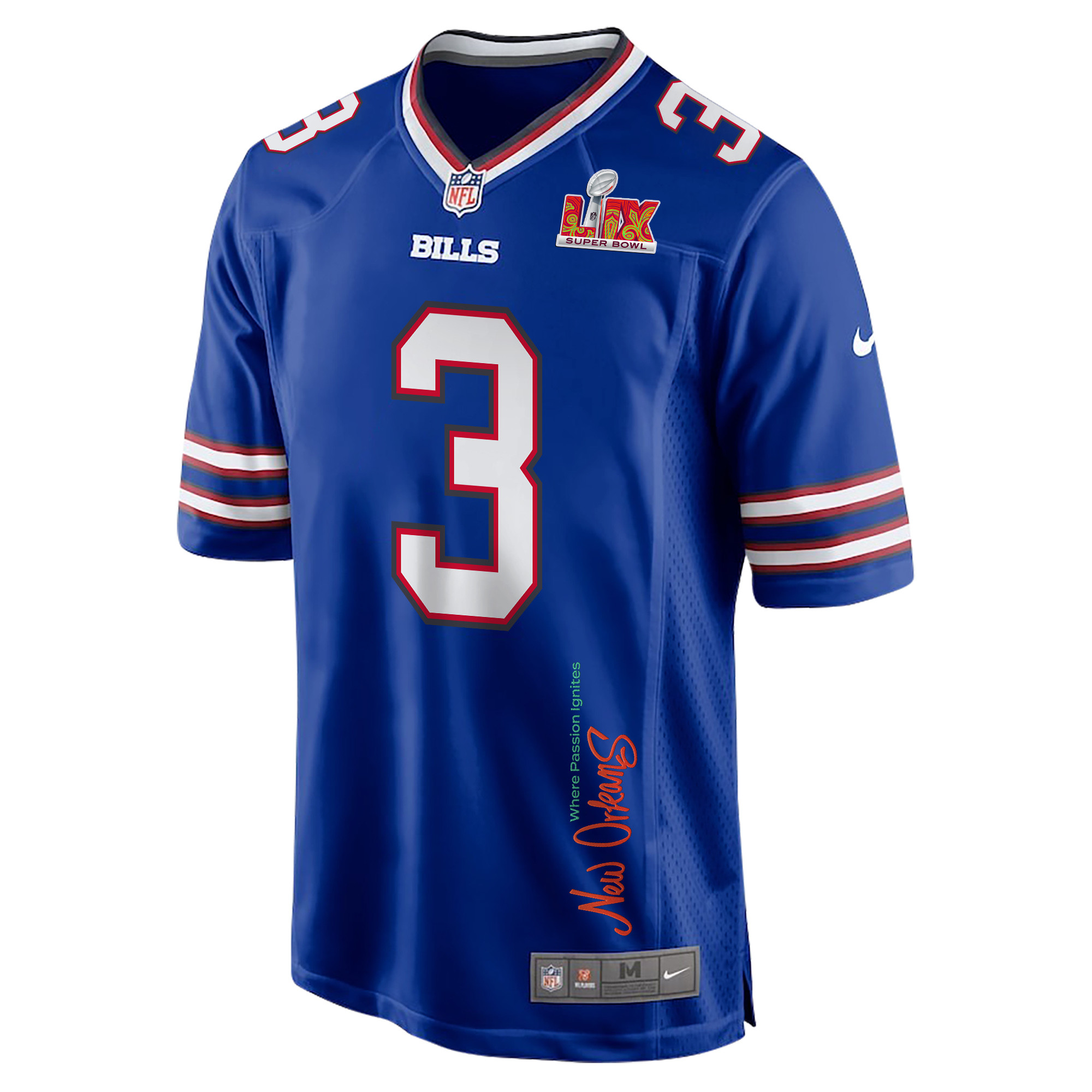 Damar Hamlin 3 Buffalo Bills Super Bowl LIX New Orleans Where Passion Ignites' EMBROIDERED Game Royal NFL Jersey Men's