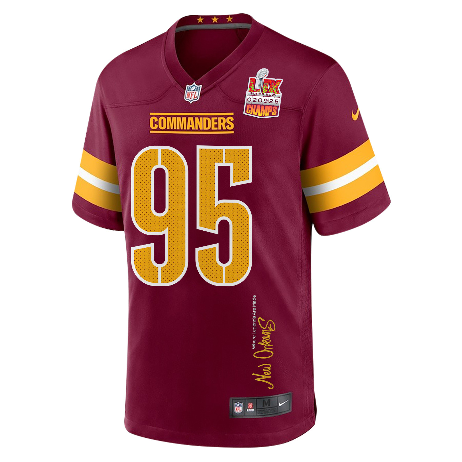 Jer'Zhan Newton 95 Washington Commanders Super Bowl LIX Champions Patch New Orleans Where Legends Are Made' EMBROIDERED Game Burgundy NFL Jersey Men's