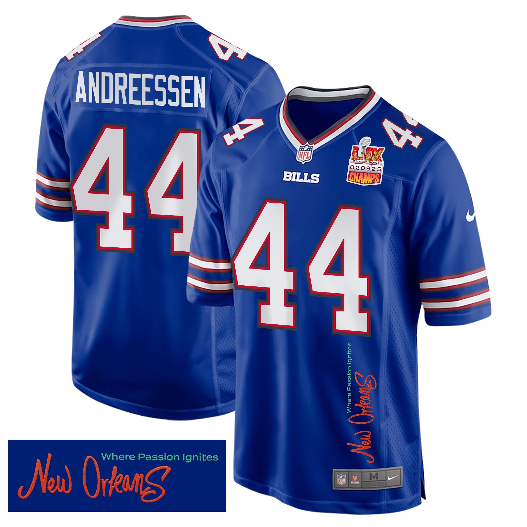 Joe Andreessen 44 Buffalo Bills Super Bowl LIX Champions Patch New Orleans Where Passion Ignites' EMBROIDERED Game Royal NFL Jersey Men's