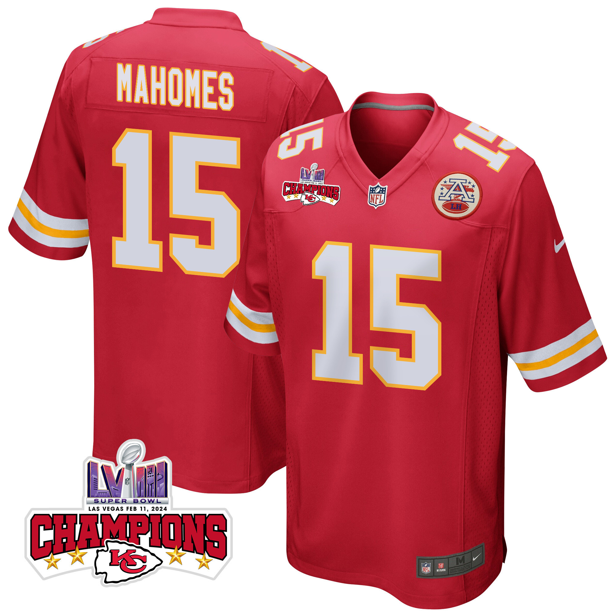 Patrick Mahomes 15 Kansas City Chiefs Super Bowl LVIII Champions 4 Stars Patch Game Red NFL Jersey Men's