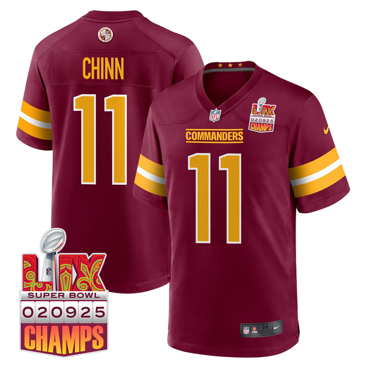 Jeremy Chinn 11 Washington Commanders Super Bowl LIX Champions Patch Game Burgundy NFL Jersey Men's