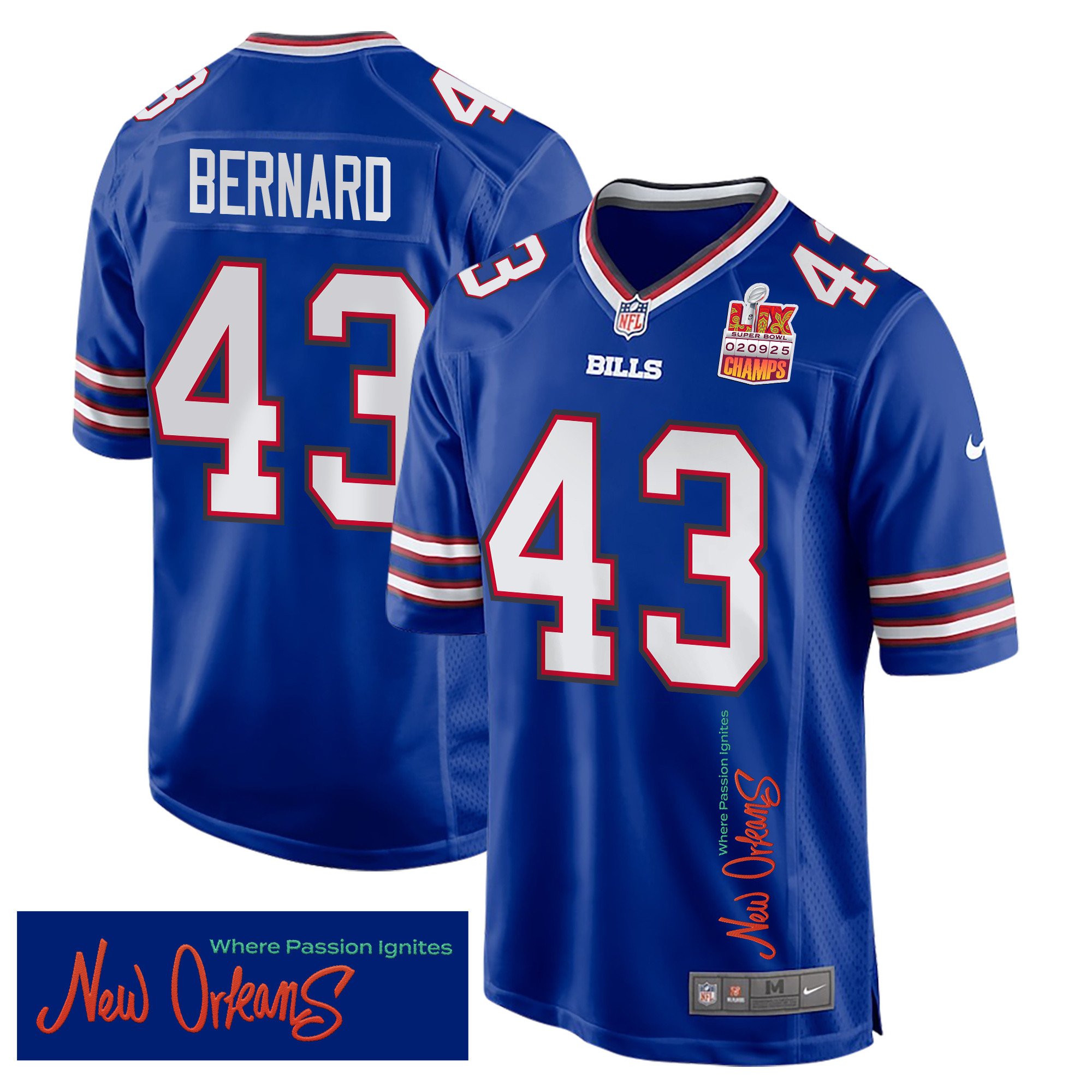 Terrel Bernard 43 Buffalo Bills Super Bowl LIX Champions Patch New Orleans Where Passion Ignites' EMBROIDERED Game Royal NFL Jersey Men's