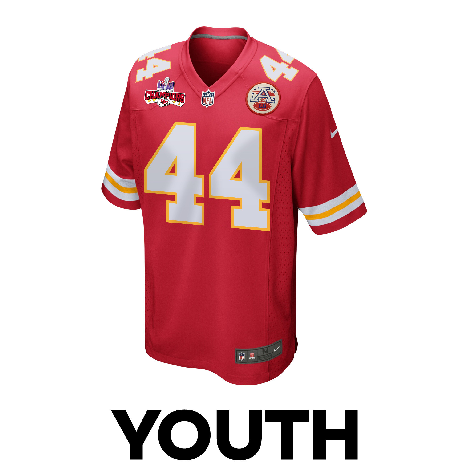 Cam Jones 44 Kansas City Chiefs Super Bowl LVIII Champions 4 Stars Patch Game Red NFL Jersey Youth