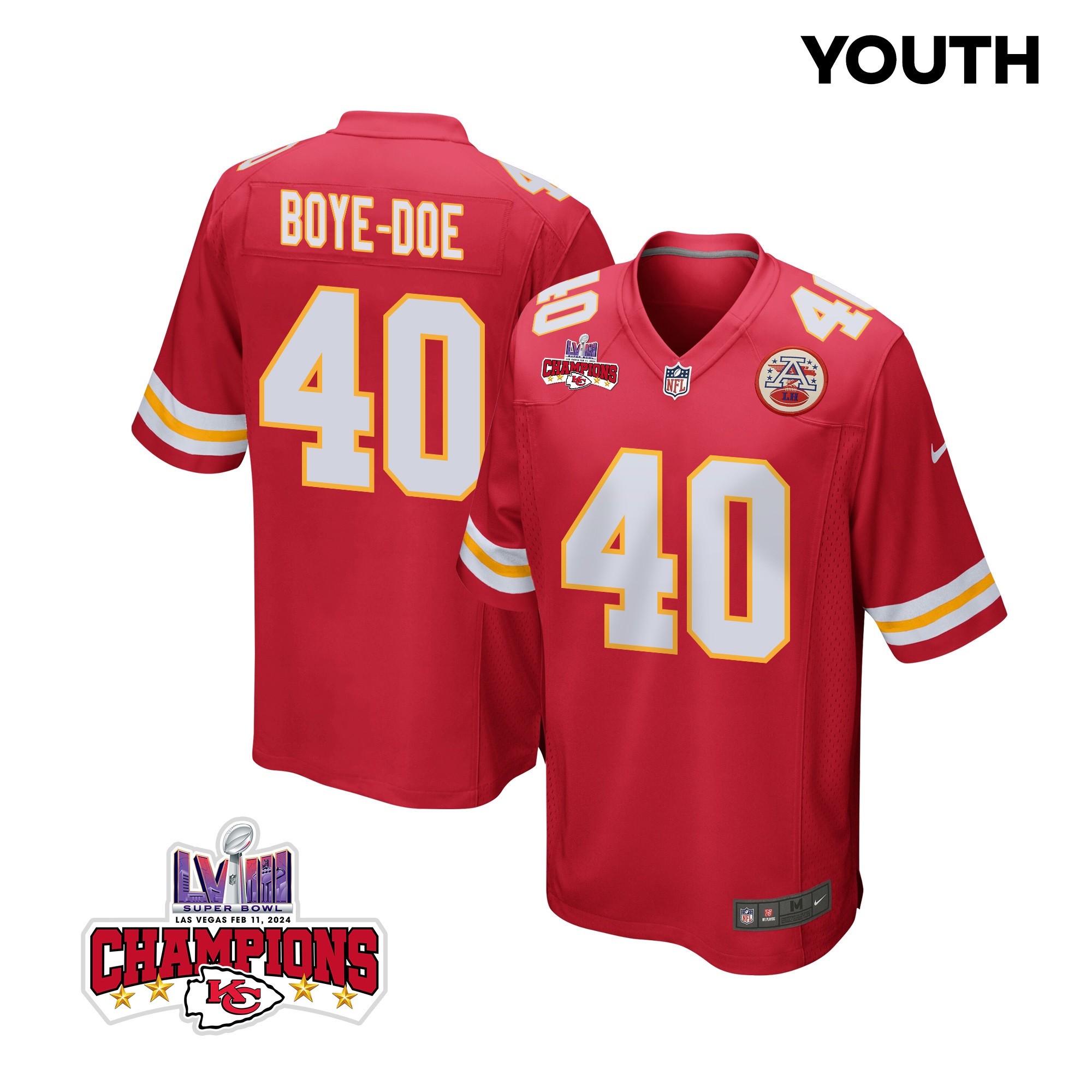 Ekow Boye-Doe 40 Kansas City Chiefs Super Bowl LVIII Champions 4 Stars Patch Game Red NFL Jersey Youth