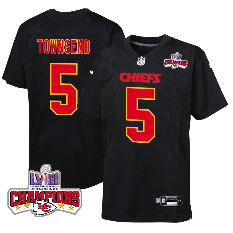 Tommy Townsend 5 Kansas City Chiefs Super Bowl LVIII Champions 4 Stars Patch Fashion Game Carbon Black NFL Jersey Youth