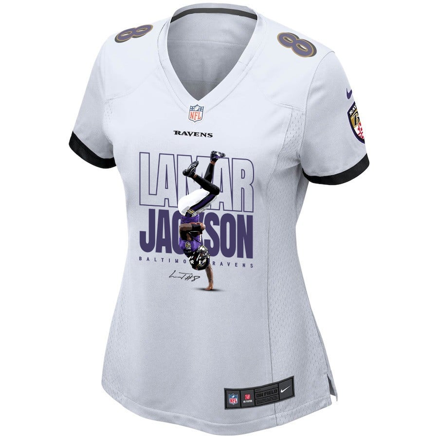 Lamar Jackson 8 Baltimore Ravens Lamar the Merrier Game White NFL Jersey Women's