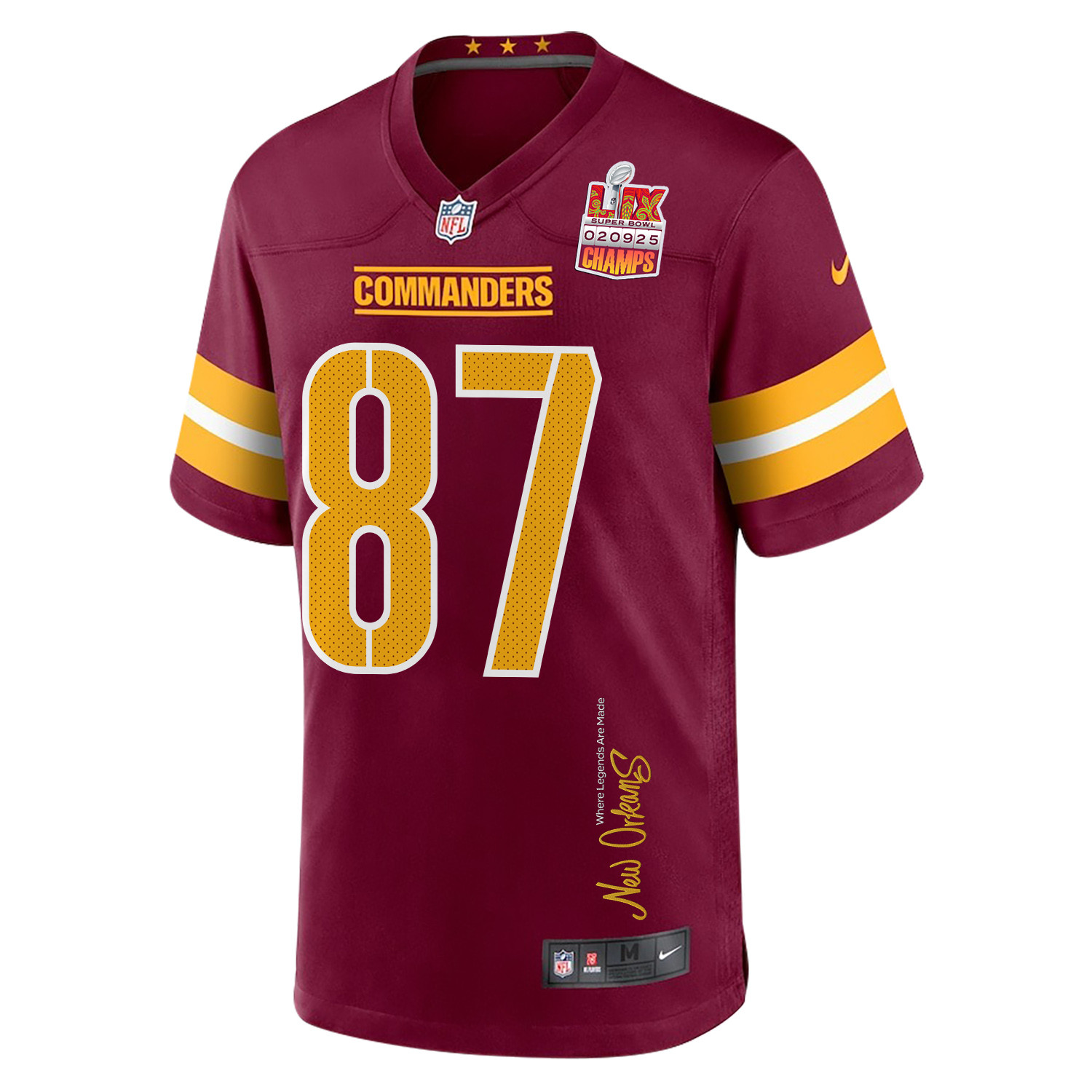 John Bates 87 Washington Commanders Super Bowl LIX Champions Patch New Orleans Where Legends Are Made' EMBROIDERED Game Burgundy NFL Jersey Men's