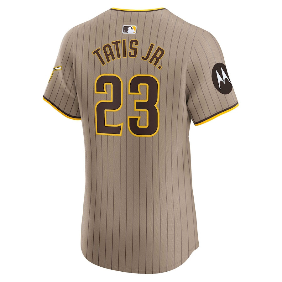 Fernando Tatis Jr. 23 San Diego Padres Alternate Elite Sponsor Patch Player Tan MLB Jersey Men's