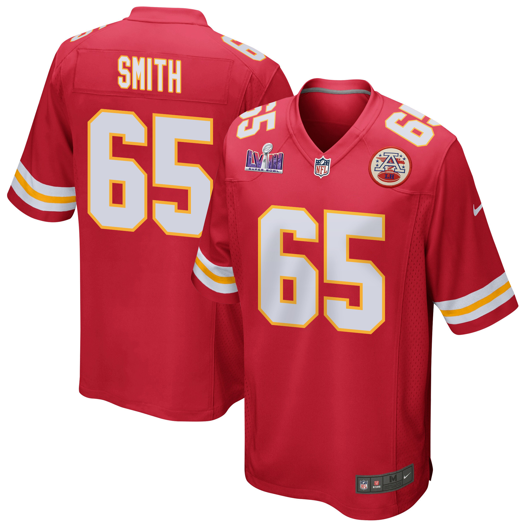 Trey Smith 65 Kansas City Chiefs Super Bowl LVIII Patch Game Red NFL Jersey Men's