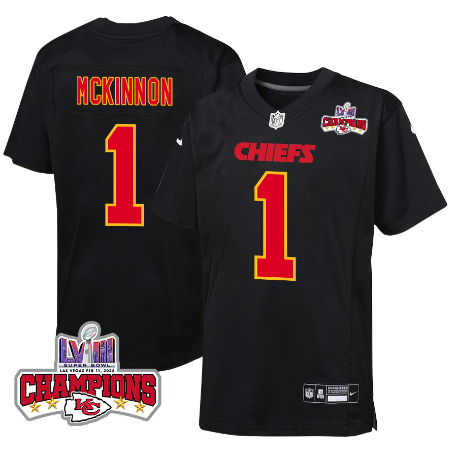 Jerick McKinnon 1 Kansas City Chiefs Super Bowl LVIII Champions 4 Stars Patch Fashion Game Carbon Black NFL Jersey Youth