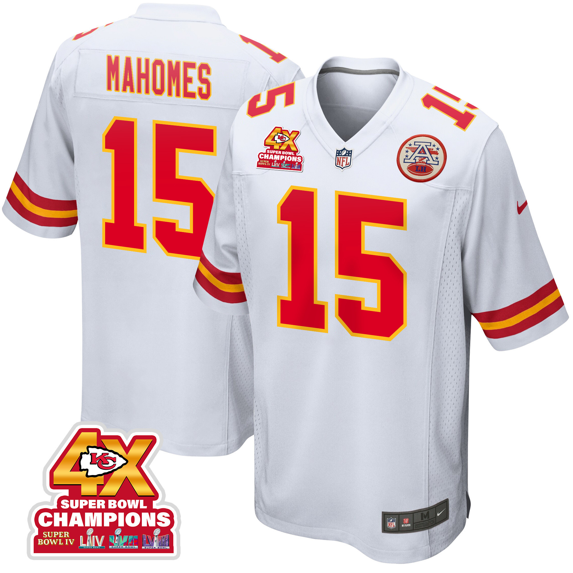 Patrick Mahomes 15 Kansas City Chiefs Super Bowl LVIII Champions 4X Game White NFL Jersey Men's