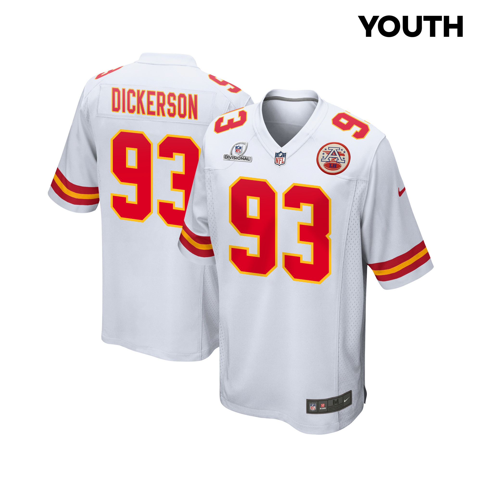 Matt Dickerson 93 Kansas City Chiefs Super Bowl LVIII Patch Game White NFL Jersey Youth