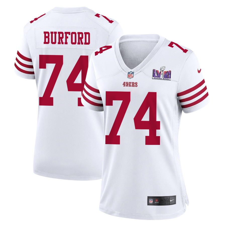 Spencer Burford 74 San Francisco 49ers Super Bowl LVIII Patch Game White NFL Jersey Women's