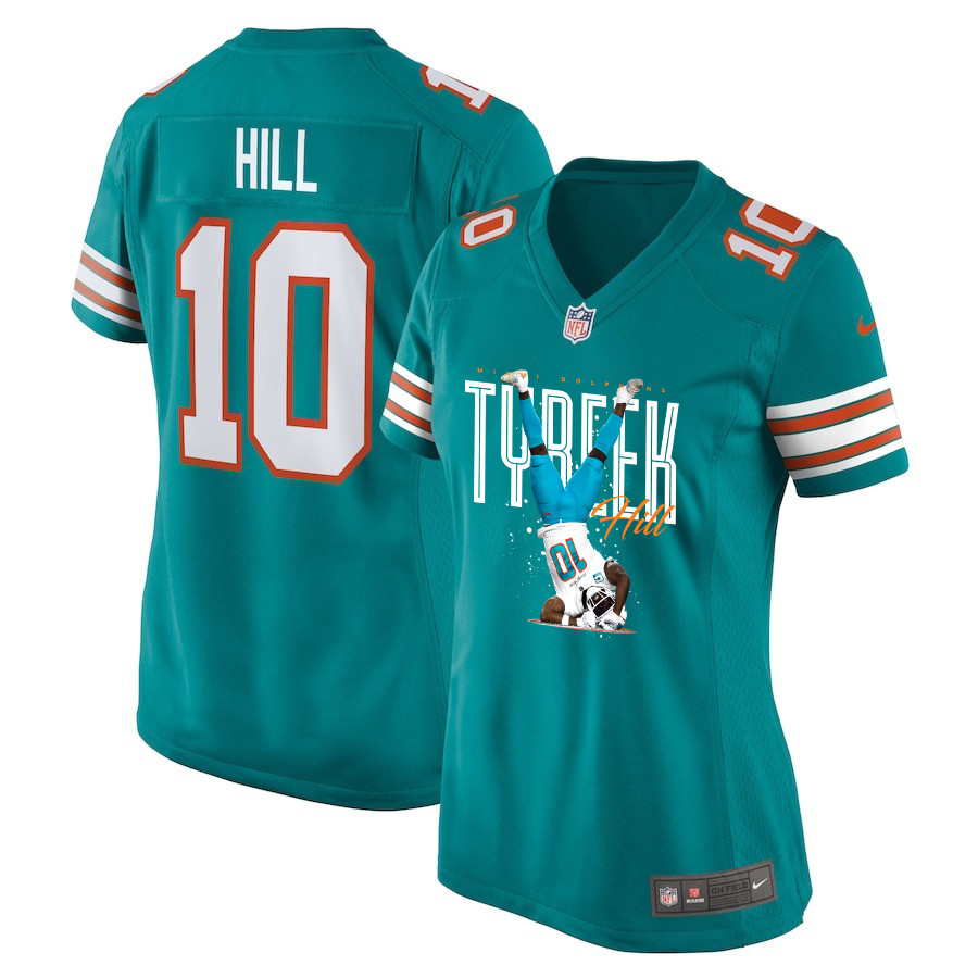 Tyreek Hill 10 Miami Dolphins Celebrating Alternate Game Aqua NFL Jersey Women's