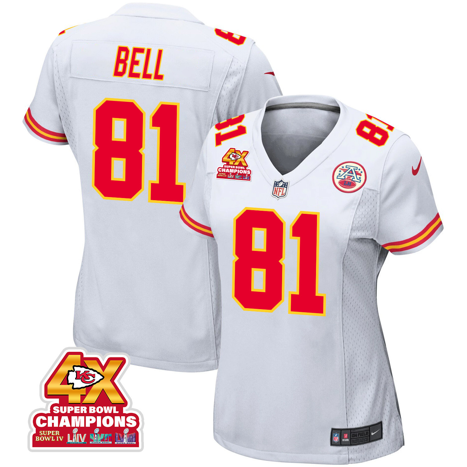 Blake Bell 81 Kansas City Chiefs Super Bowl LVIII Champions 4X Game White NFL Jersey Women's