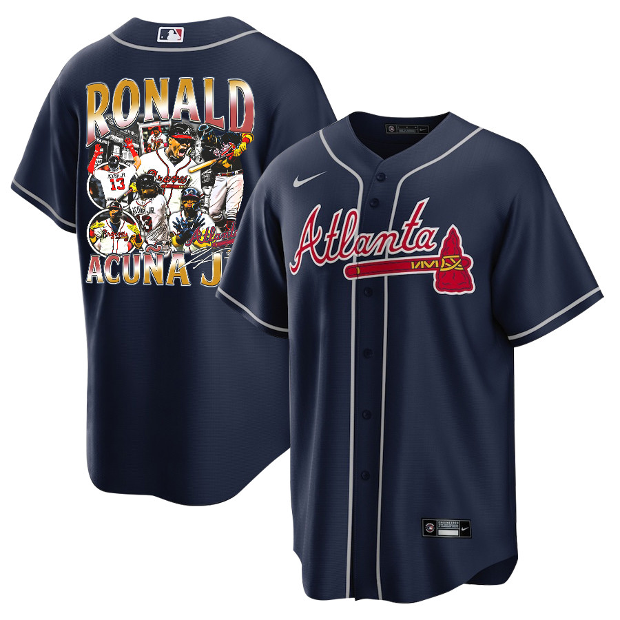 Ronald Acu?a Jr. 13 Atlanta Braves Signed Posture 2023 Alternate Player Navy MLB Jersey Men's