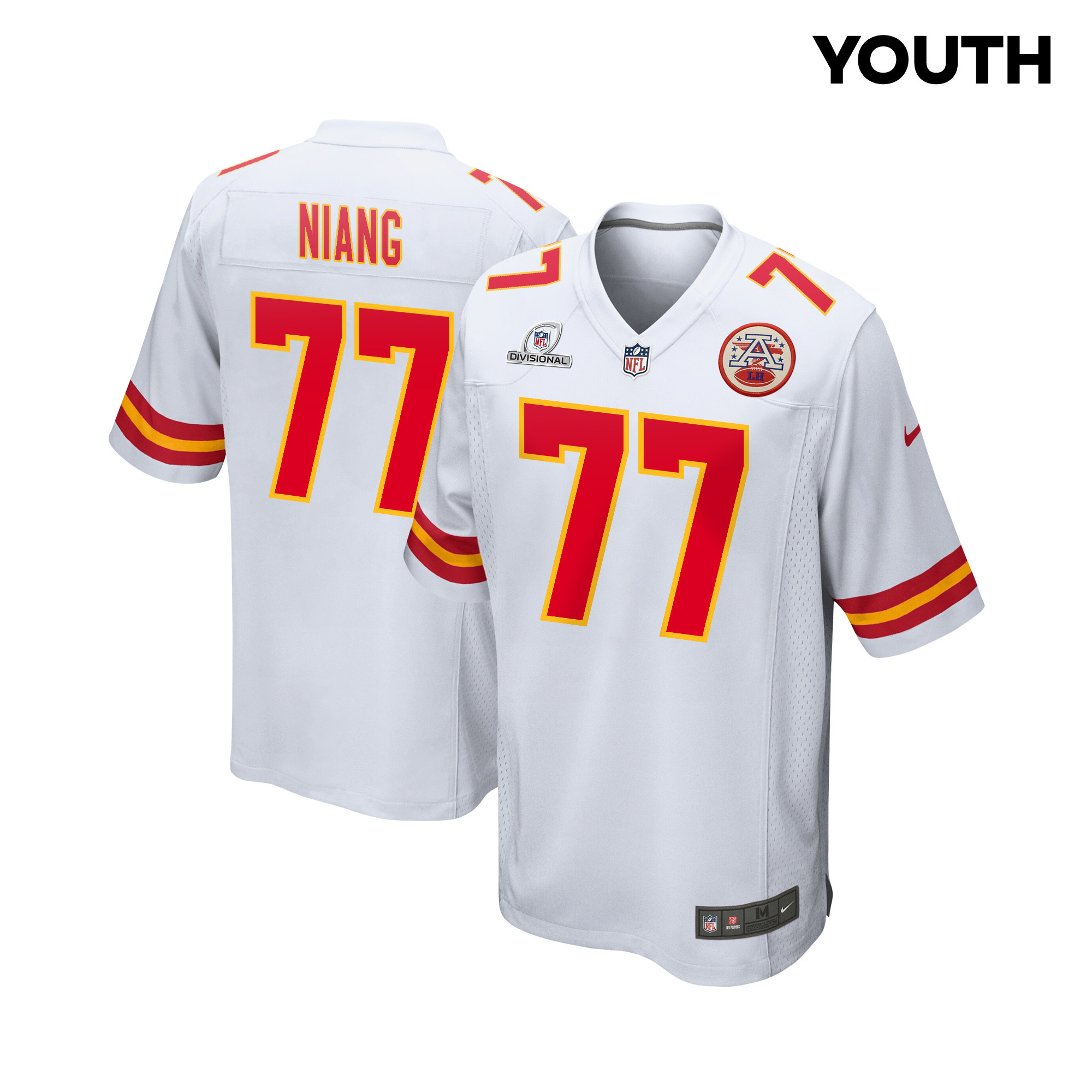 Lucas Niang 77 Kansas City Chiefs Super Bowl LVIII Patch Game White NFL Jersey Youth