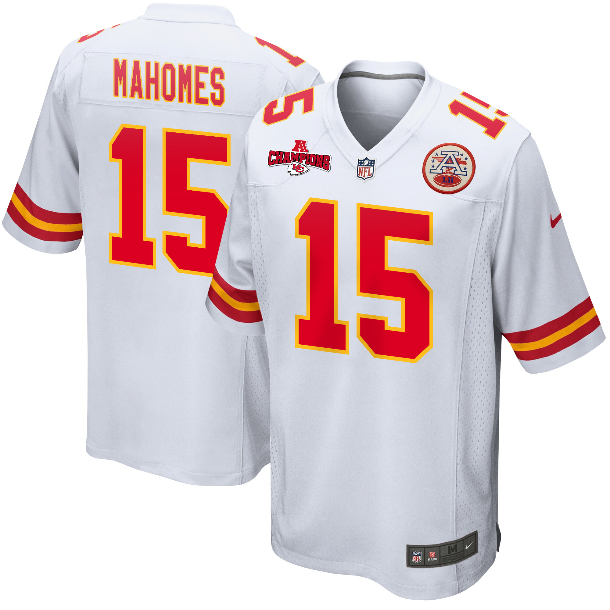 Patrick Mahomes 15 Kansas City Chiefs AFC Champions Patch Game White NFL Jersey Men's