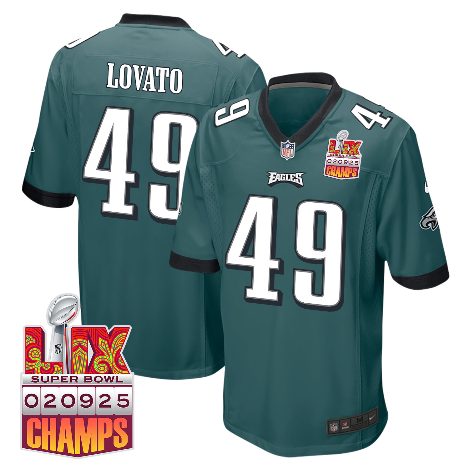 Rick Lovato 49 Philadelphia Eagles Super Bowl LIX Champions Patch Game Midnight Green NFL Jersey Men's