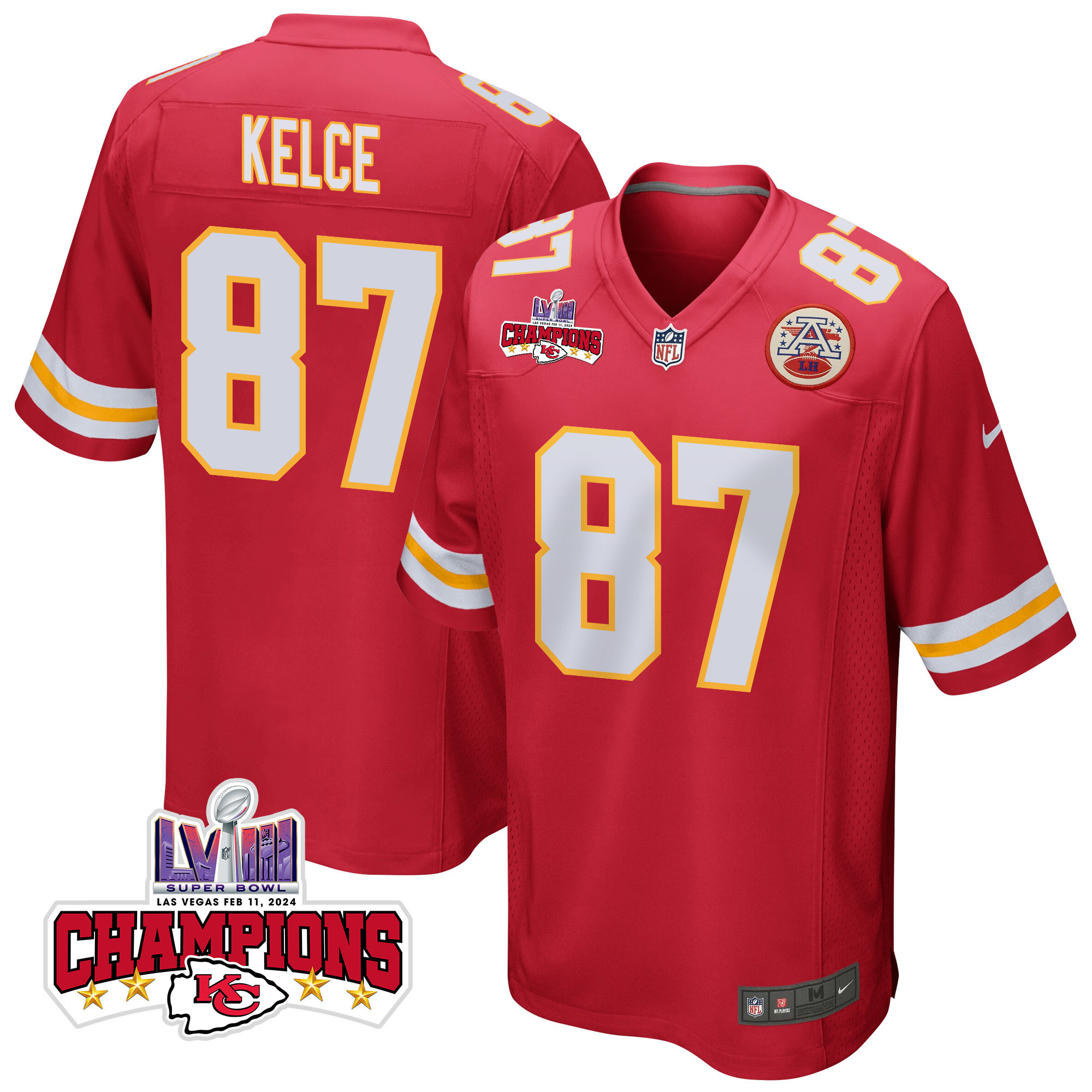 Travis Kelce 87 Kansas City Chiefs Super Bowl LVIII Champions 4 Stars Patch Game Red NFL Jersey Men's
