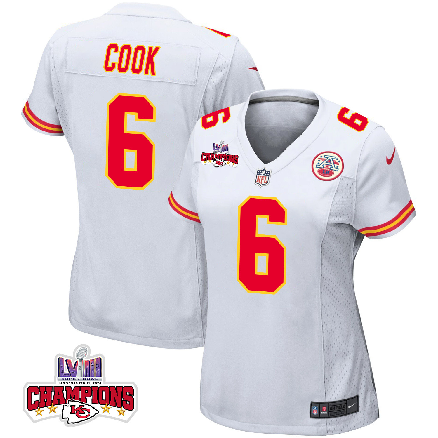 Bryan Cook 6 Kansas City Chiefs Super Bowl LVIII Champions 4 Stars Patch Game White NFL Jersey Women's