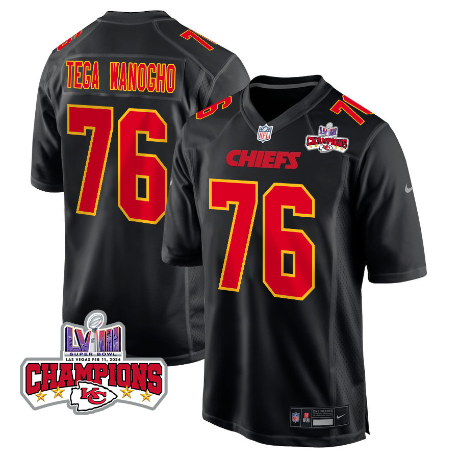 Prince Tega Wanogho 76 Kansas City Chiefs Super Bowl LVIII Champions 4 Stars Patch Fashion Game Carbon Black NFL Jersey Men's