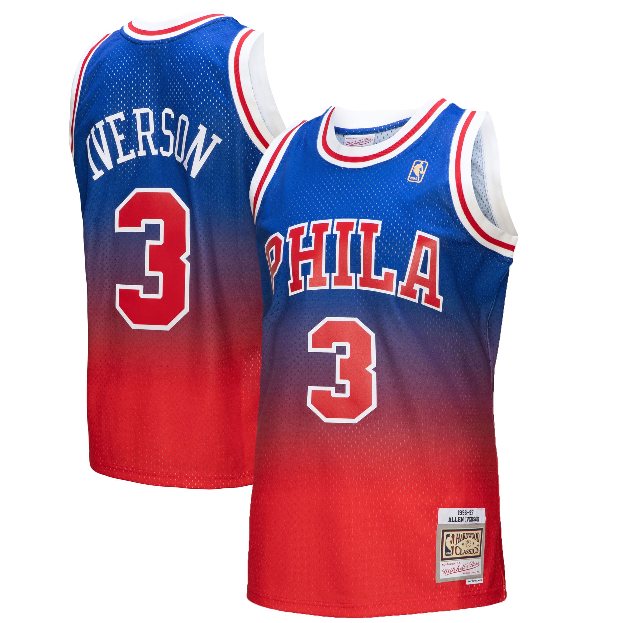 Mitchell Ness Allen Iverson Red/Royal Philadelphia 76ers 1996/97 Hardwood Classics Fadeaway Swingman Player NBA Jersey Men's