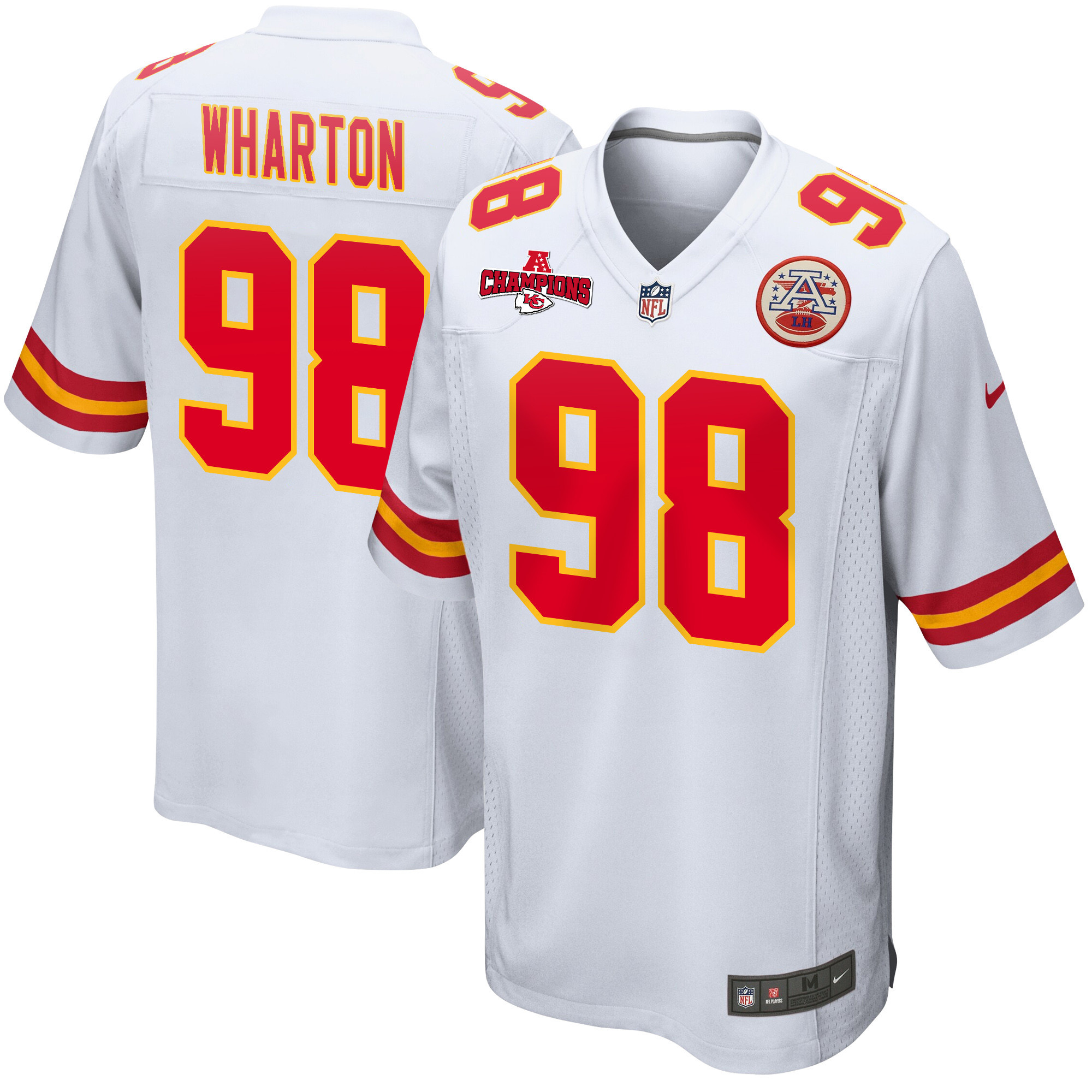 Tershawn Wharton 98 Kansas City Chiefs AFC Champions Patch Game White NFL Jersey Men's
