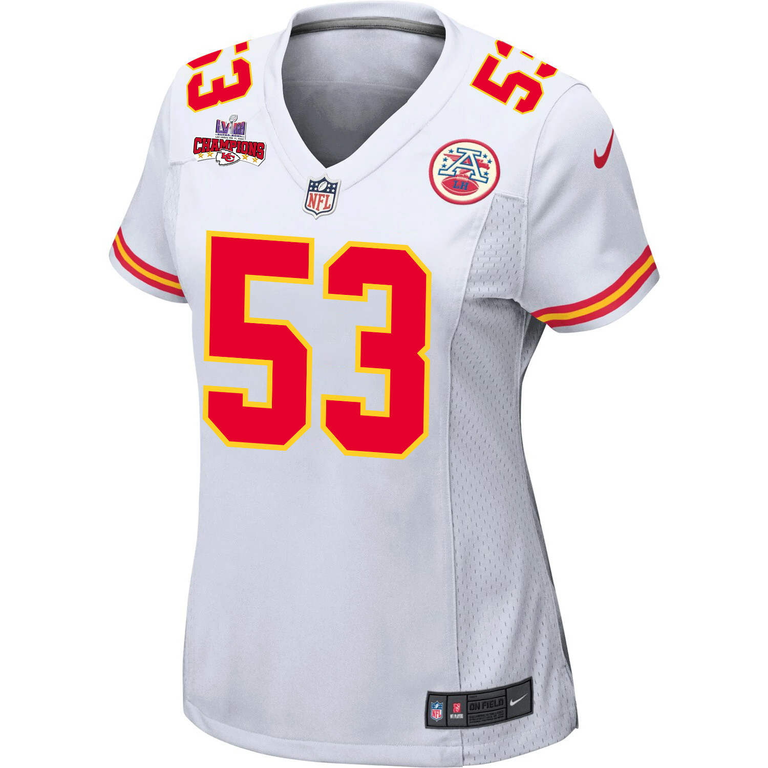 BJ Thompson 53 Kansas City Chiefs Super Bowl LVIII Champions 4 Stars Patch Game White NFL Jersey Women's