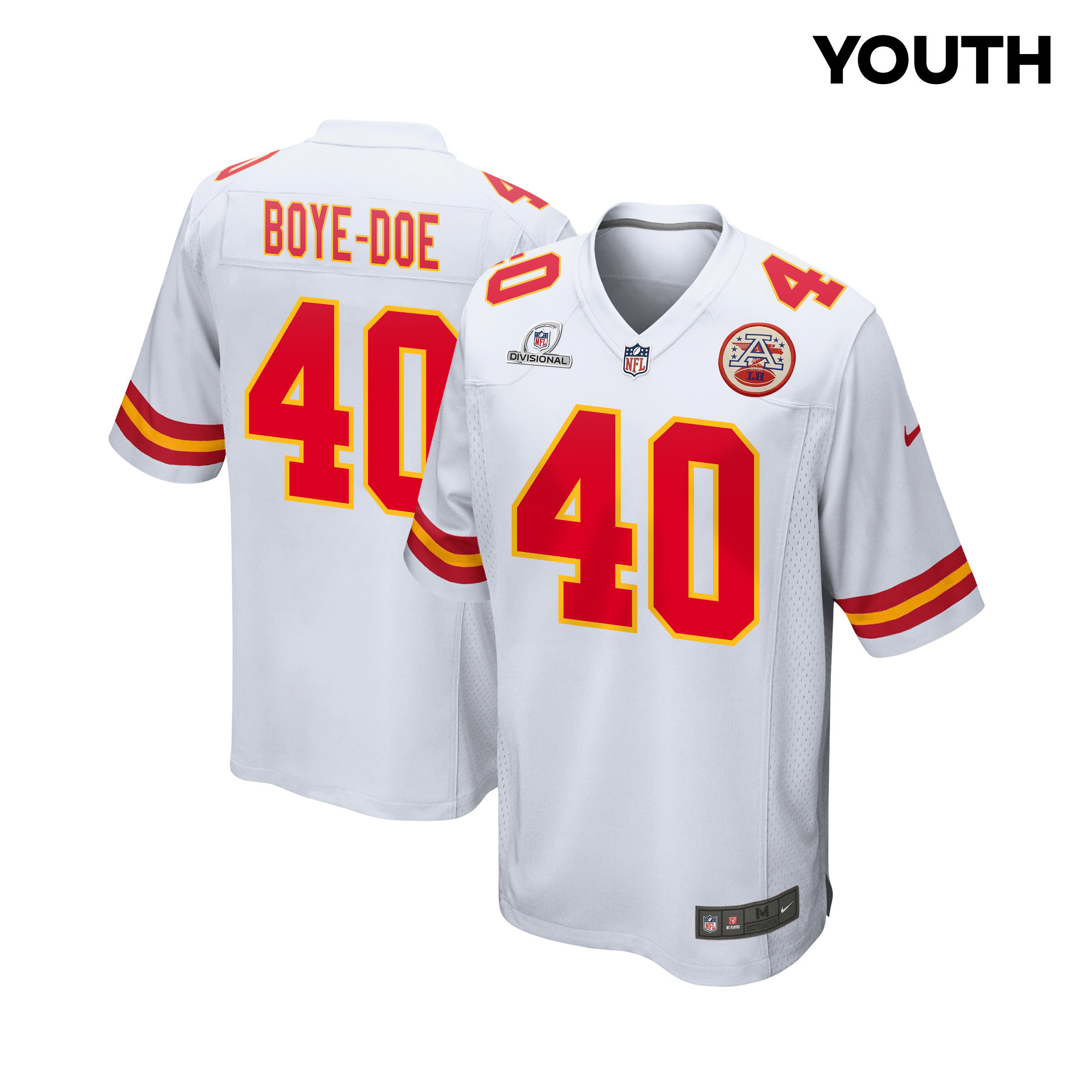 Ekow Boye-Doe 40 Kansas City Chiefs Super Bowl LVIII Patch Game White NFL Jersey Youth
