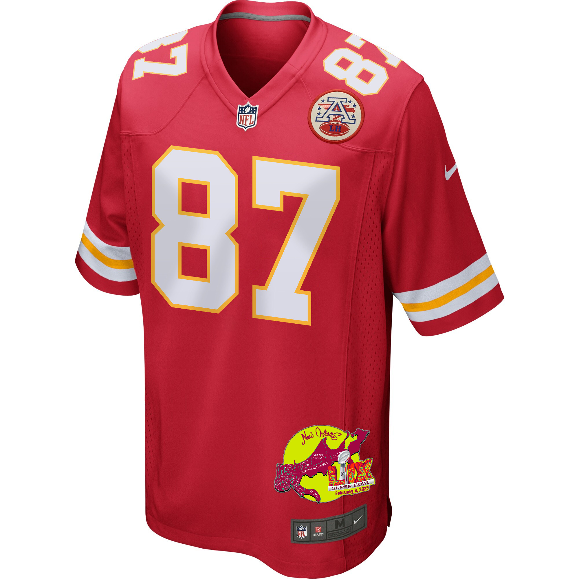 Travis Kelce 87 Kansas City Chiefs Super Bowl LIX New Orleans Patch Game Red NFL Jersey Men's
