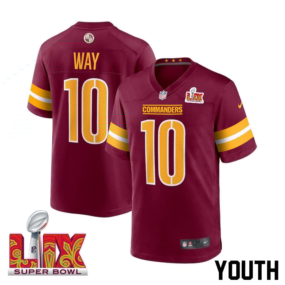 Tress Way #10 Washington Commanders Super Bowl LIX Burgundy NFL Jersey Youth