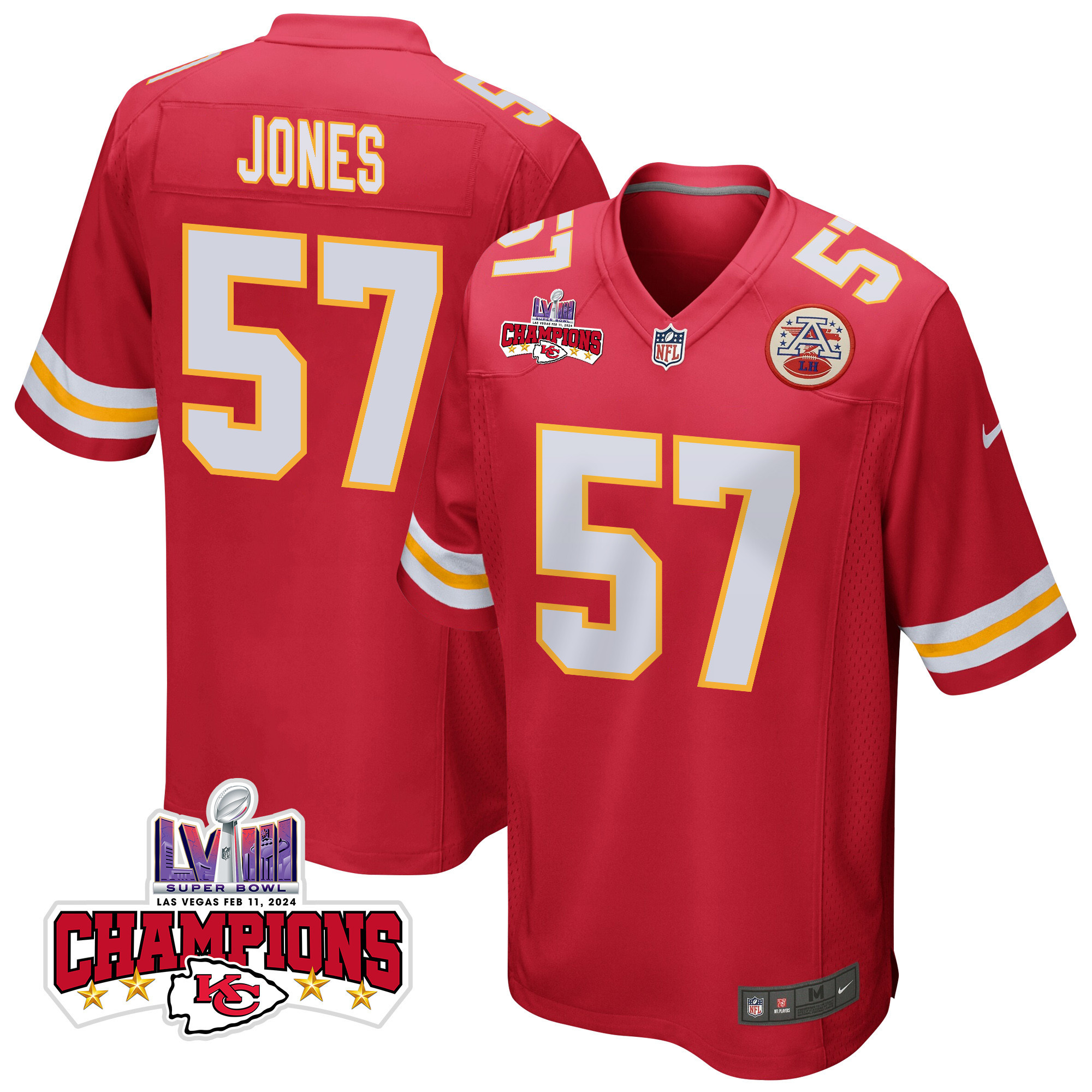 Truman Jones 57 Kansas City Chiefs Super Bowl LVIII Champions 4 Stars Patch Game Red NFL Jersey Men's