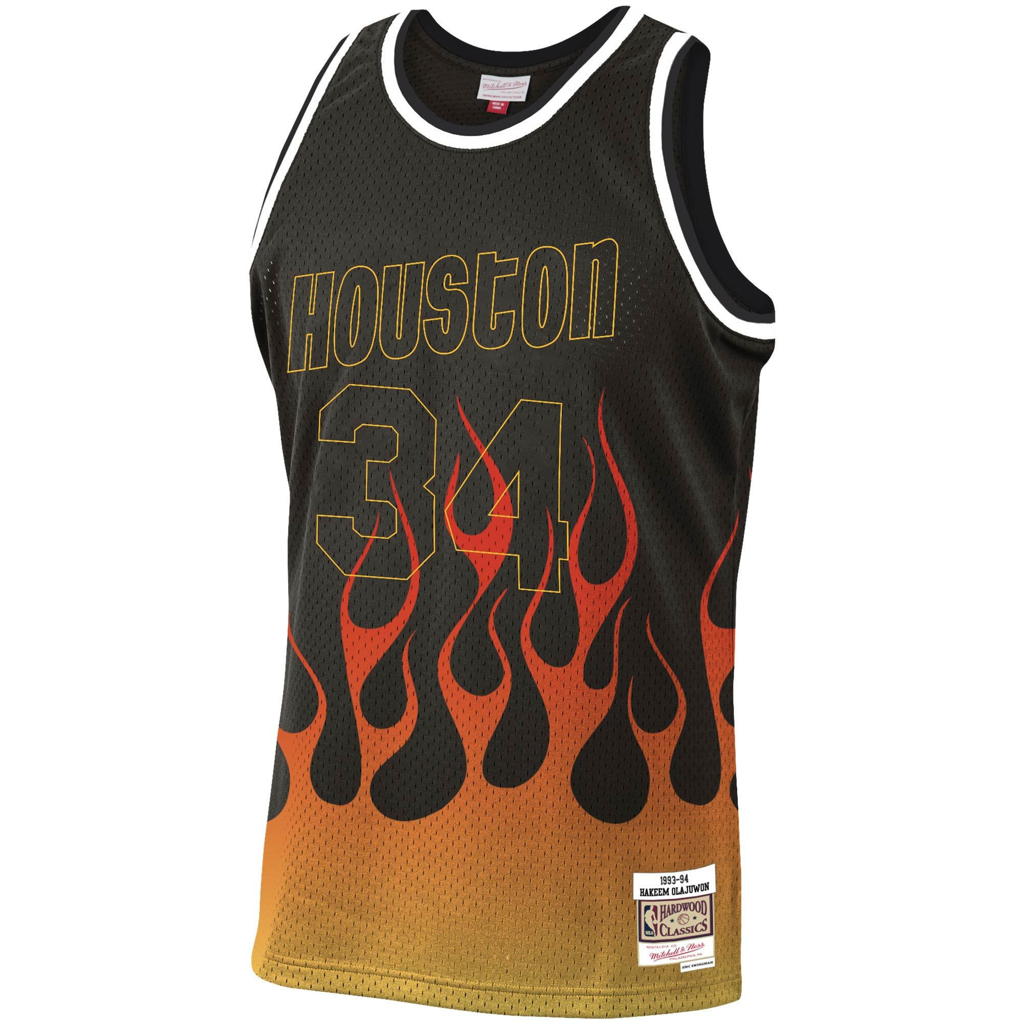 Hakeem Olajuwon Houston Rockets Mitchell Ness 1993-94 Hardwood Classics Flames Swingman Black NBA Jersey Men's