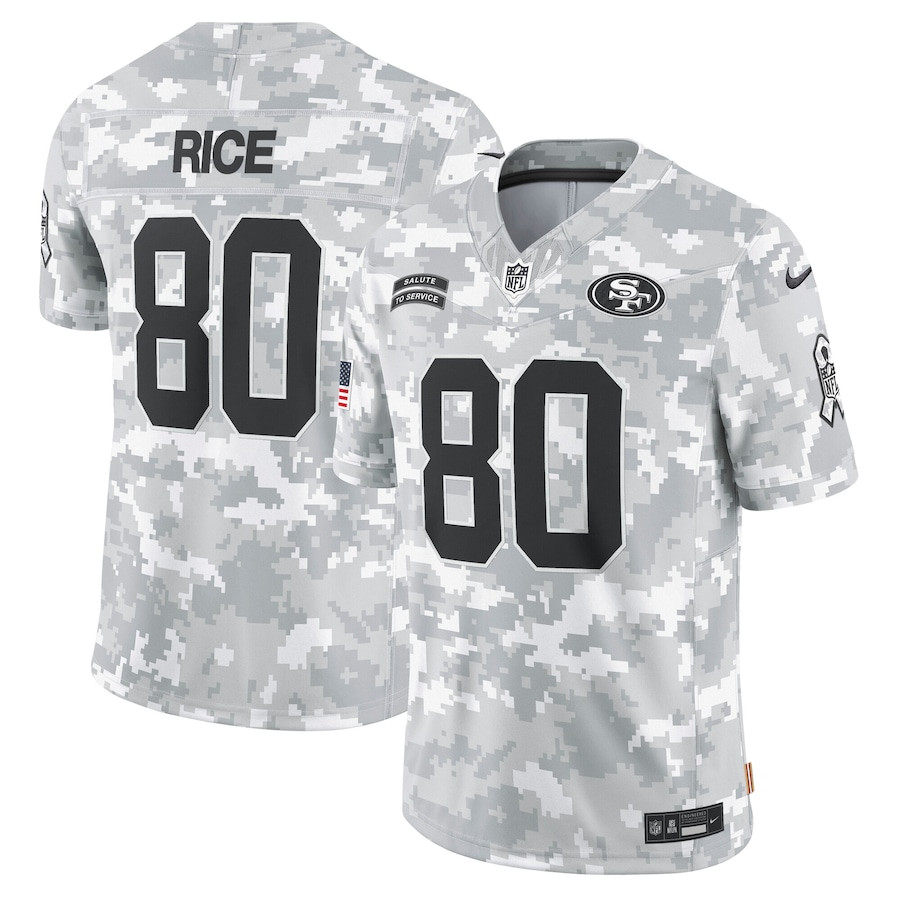 Jerry Rice 80 San Francisco 49ers 2024 Salute to Service Retired Player Limited Arctic Camo NFL Jersey Men's