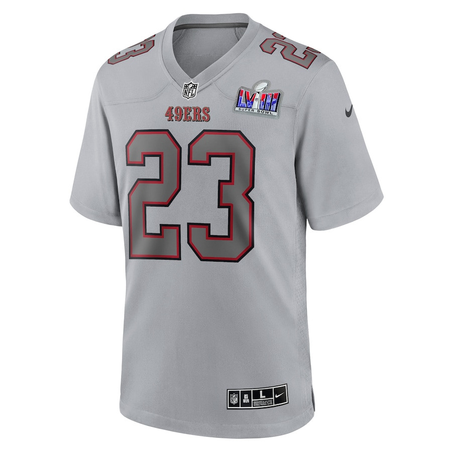 Christian McCaffrey 23 San Francisco 49ers Super Bowl LVIII Atmosphere Fashion Game Gray NFL Jersey Men's