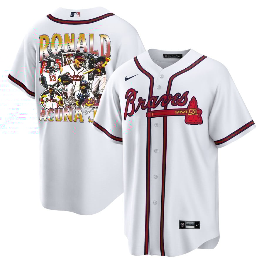Ronald Acu?a Jr. 13 Atlanta Braves Signed Posture 2023 Home Player White Red MLB Jersey Men's