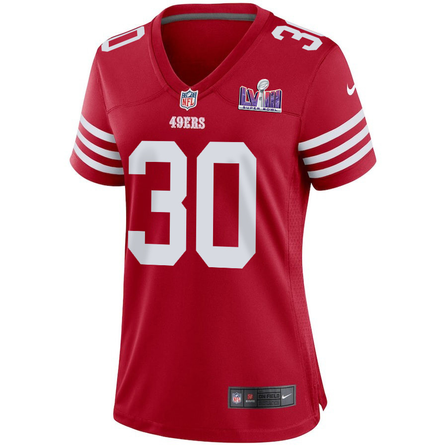 George Odum 30 San Francisco 49ers Super Bowl LVIII Patch Game Scarlet NFL Jersey Women's