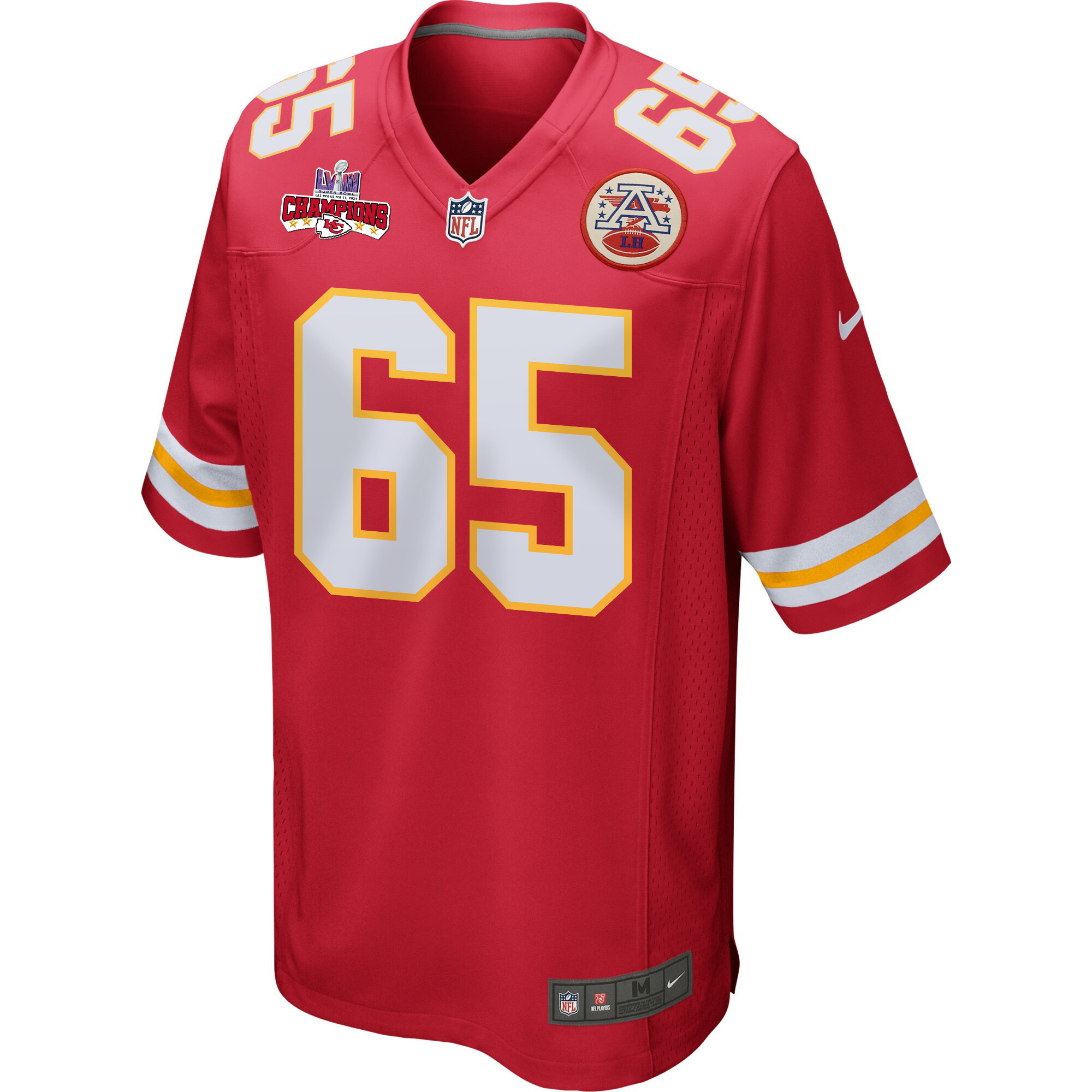 Trey Smith 65 Kansas City Chiefs Super Bowl LVIII Champions 4 Stars Patch Game Red NFL Jersey Men's