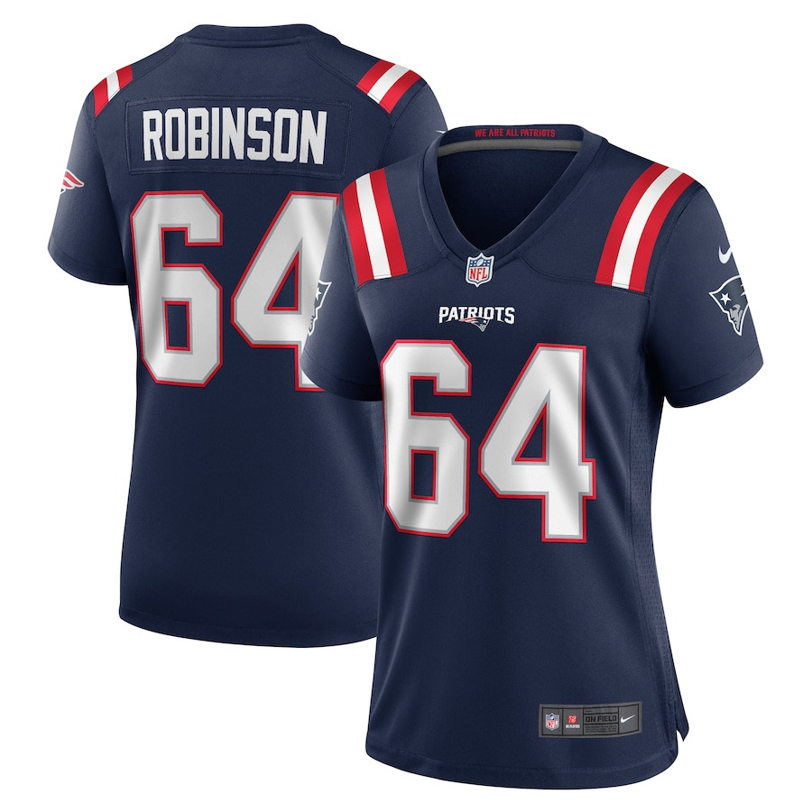 Layden Robinson 64 New England Patriots Team Game Navy NFL Jersey Women's